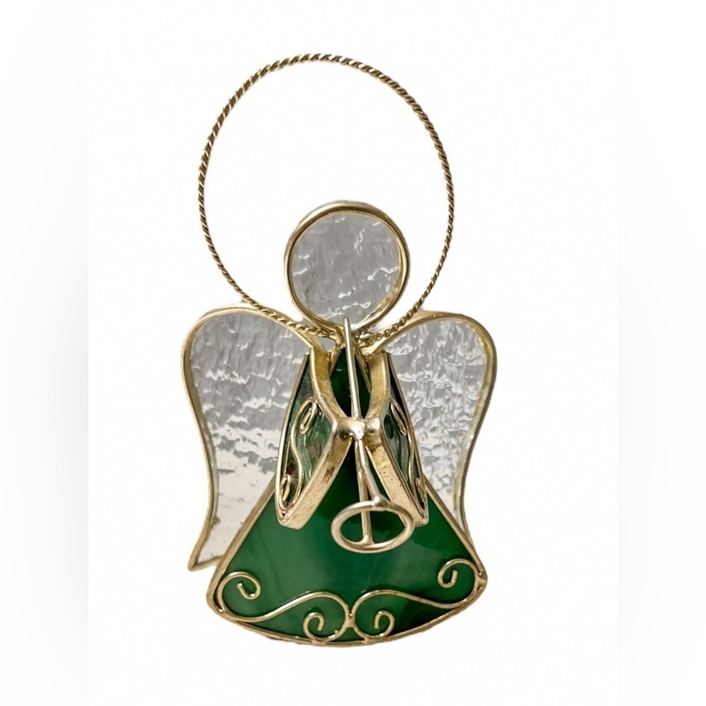 Studio Nova Stain Glass Emerald Green Gold Angel trumpet Tea Light Candle Holder